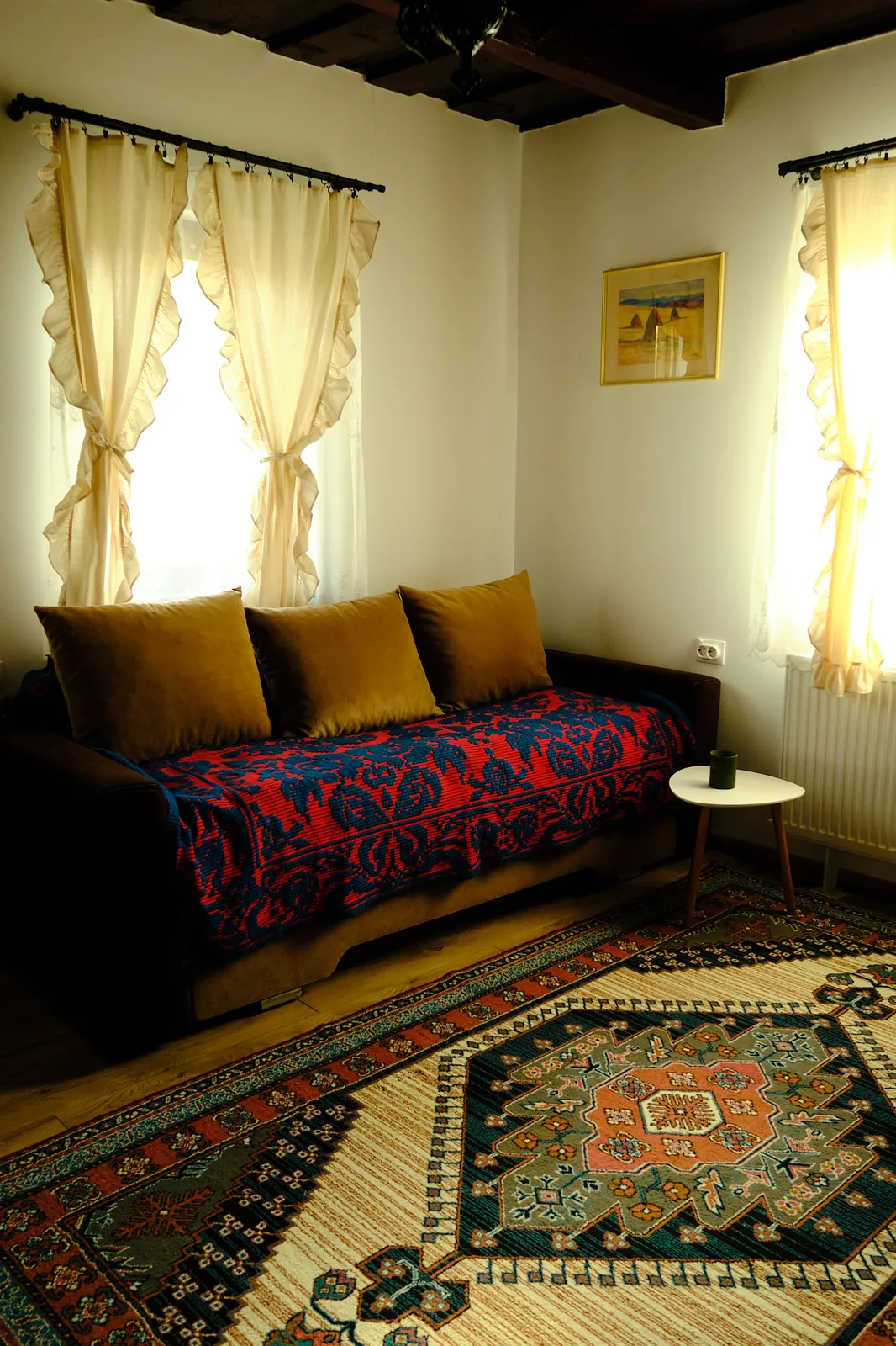 Camera de zi, cu pledul și covorul